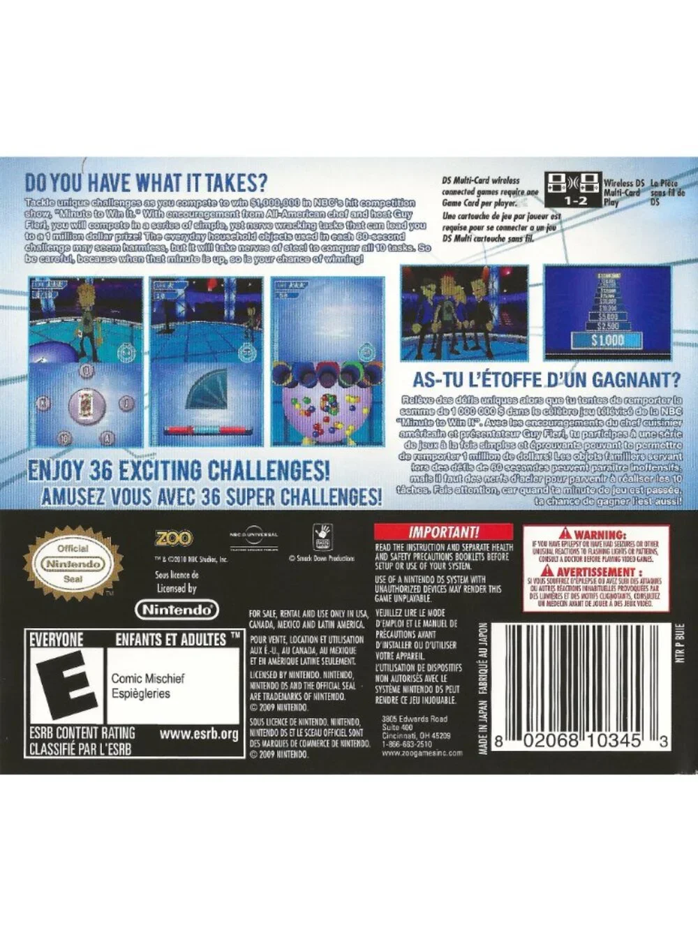 Minute to Win It (Nintendo DS, 2010) - Zoo Games - Fun Party Mini-Games Untested